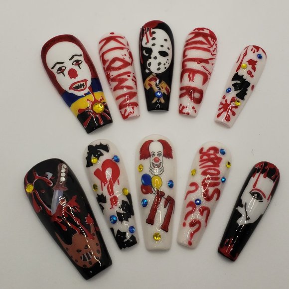 Halloween Long Coffin Press on Nails " Killer Klowns... " - Picture 6 of 9